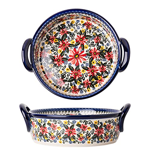 Bicuzat Red Daisy Flower Vintage Style Ceramic Bakeware Casserole Dish Baking Pan Lasagna Pans Baking Dish with Handles for Oven/Cooking/Kitchen-1 PCS, 32 OZ - Image 1