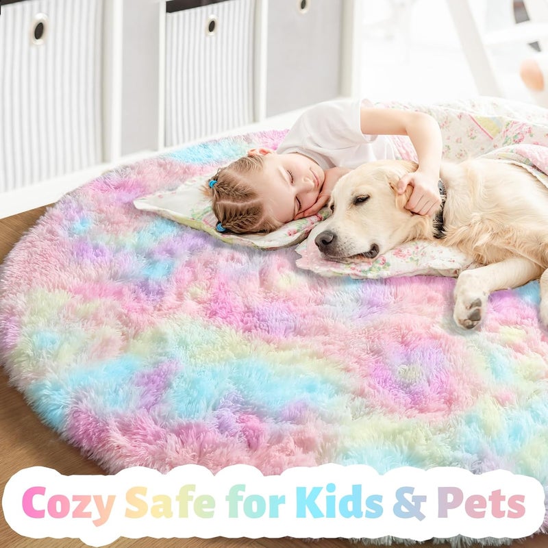 Amdrebio Fluffy Round Carpet for Girls Room Decorative Colorful Pastel for Playroom Nursery Cute Fur Kawaii Unicorn Princess 213cm Rainbow - Image 2