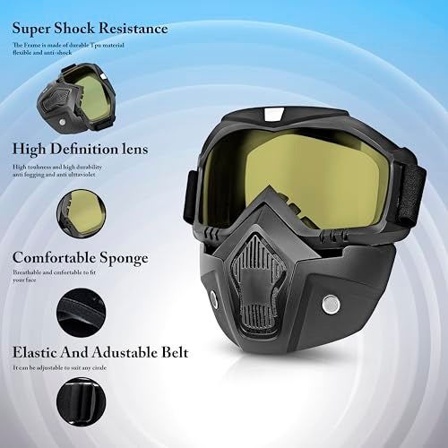 Eliane Goggle Mask Anti Scratch UV Protective Face & Eyewear Windproof Dirt Shield with Soft Foam Padded Detachable Mouth Filter for Cycling Bike Off Road Racing Ride Unisex (Yellow Visor) - Image 5
