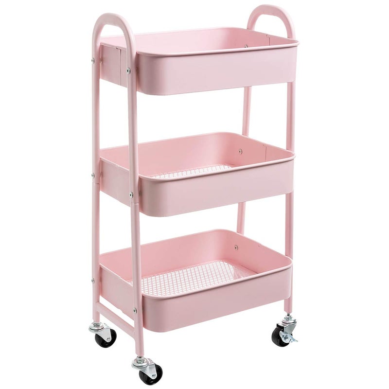 DOEWORKS Storage Cart 3 Tier Trolley Kitchen  Beauty Trolley Metal Rolling Storage Organizer Cart on Wheels for Bedroom Makeup Bathroom Office Light Pink