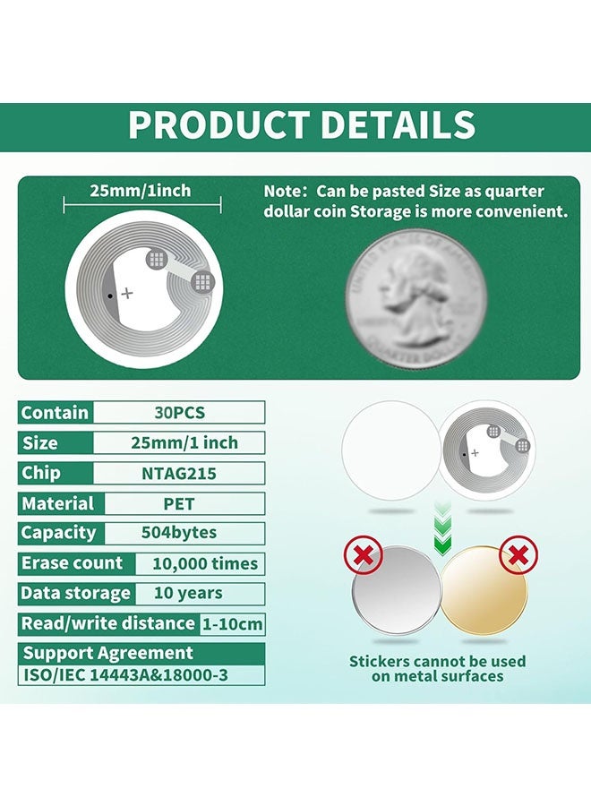 دبليو أف أف أو 30 قطعة ملصقات NFC - ملصقات NTAG215 NFC - ملصق NFC دائري - ملصق ذاتي اللصق - ملصقات RFID بحجم 1 بوصة - بطاقات NFC فارغة متوافقة مع جميع الهواتف الذكية المزودة بتقنية NFC - Image 2