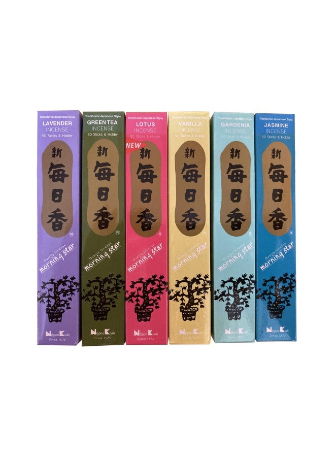 nippon kodo Morning Star Incense Set Of 6 Lotus Vanilla Lavender Jasmine Green Tea And Gardenia  50 Sticks In Each Scent 