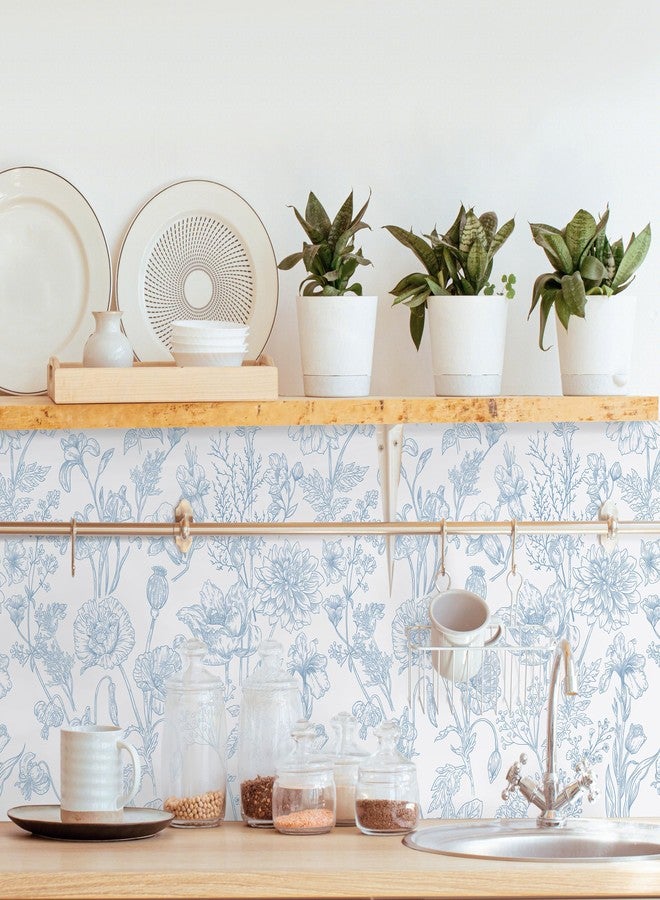 EeeComing Floral Peel and Stick Wallpaper White and Blue 17.3" x 118.1" - Image 4