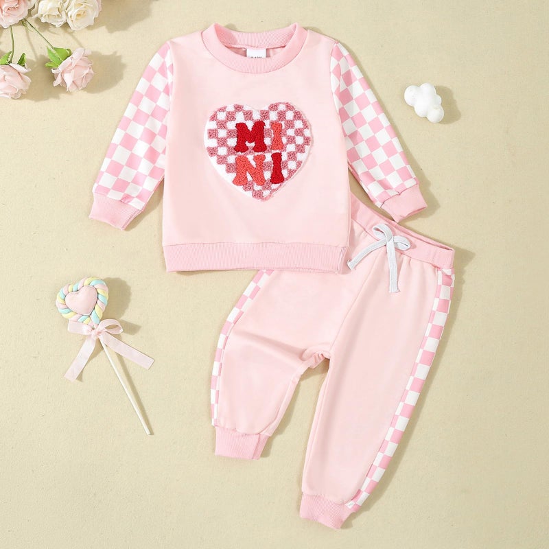 BeQeuewll Baby Girl Valentines Day Outfit Long Sleeve Heart Checkerboard Print Sweatshirt Plaid Pants 2Pcs Valentine Clothes (Mini Pink, 18-24 Months) - Image 2