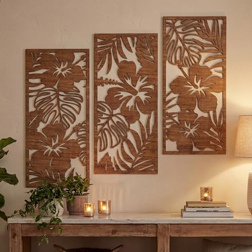 Threehoney 3 Pcs Tropical Wall Decor 3d Wooden Palm Leaf Wall Art Monstera Sculptures Wood Hibiscus Flowers Hanging Decor Vintage Plant Plaque for Home Bathroom 709 x 1575 InchClassic Style - Image 1