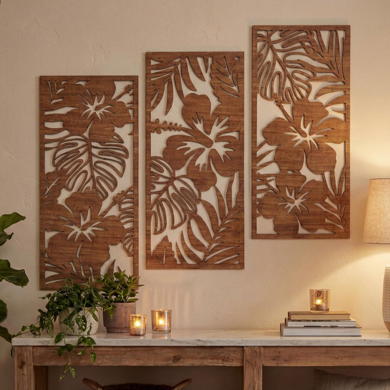 Threehoney 3 Pcs Tropical Wall Decor 3d Wooden Palm Leaf Wall Art Monstera Sculptures Wood Hibiscus Flowers Hanging Decor Vintage Plant Plaque for Home Bathroom 709 x 1575 InchClassic Style - Image 2