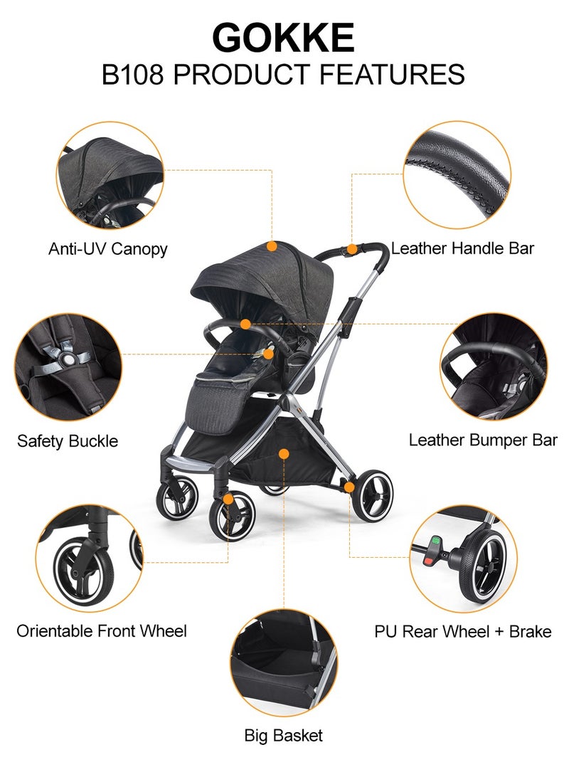 GOKKE Reversible Baby Stoller,  5 Point Safety Harness, Compact Fold,  Forward & Rear Facing, 0-36 Months, Black - B108BL - Image 3