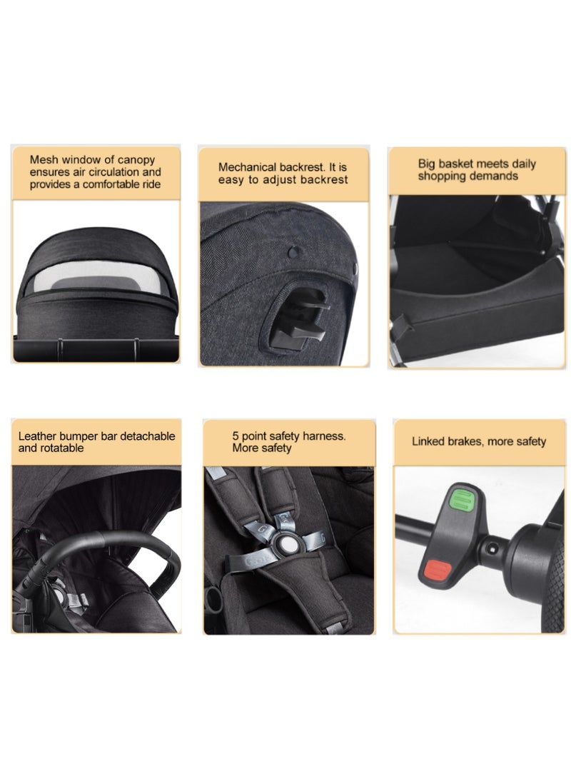 GOKKE Reversible Baby Stoller,  5 Point Safety Harness, Compact Fold,  Forward & Rear Facing, 0-36 Months, Black - B108BL - Image 5