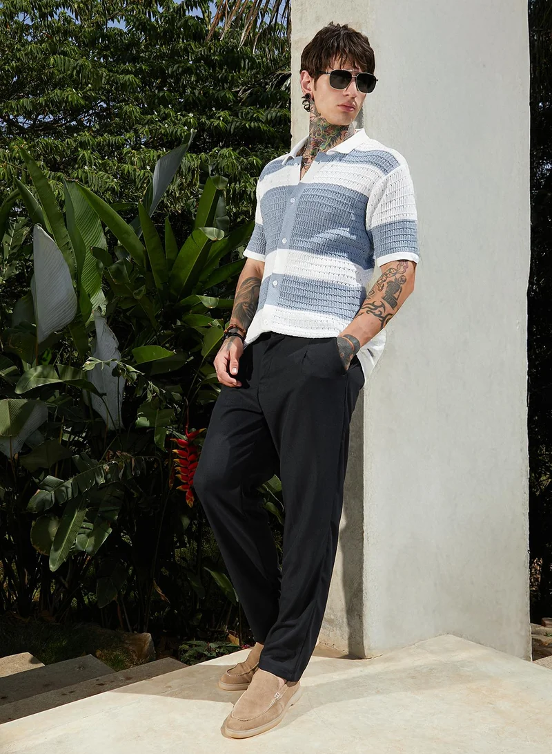 كامبوس سوترا Men's Icy Blue & Daisy White Panel-Knit Relaxed Shirt