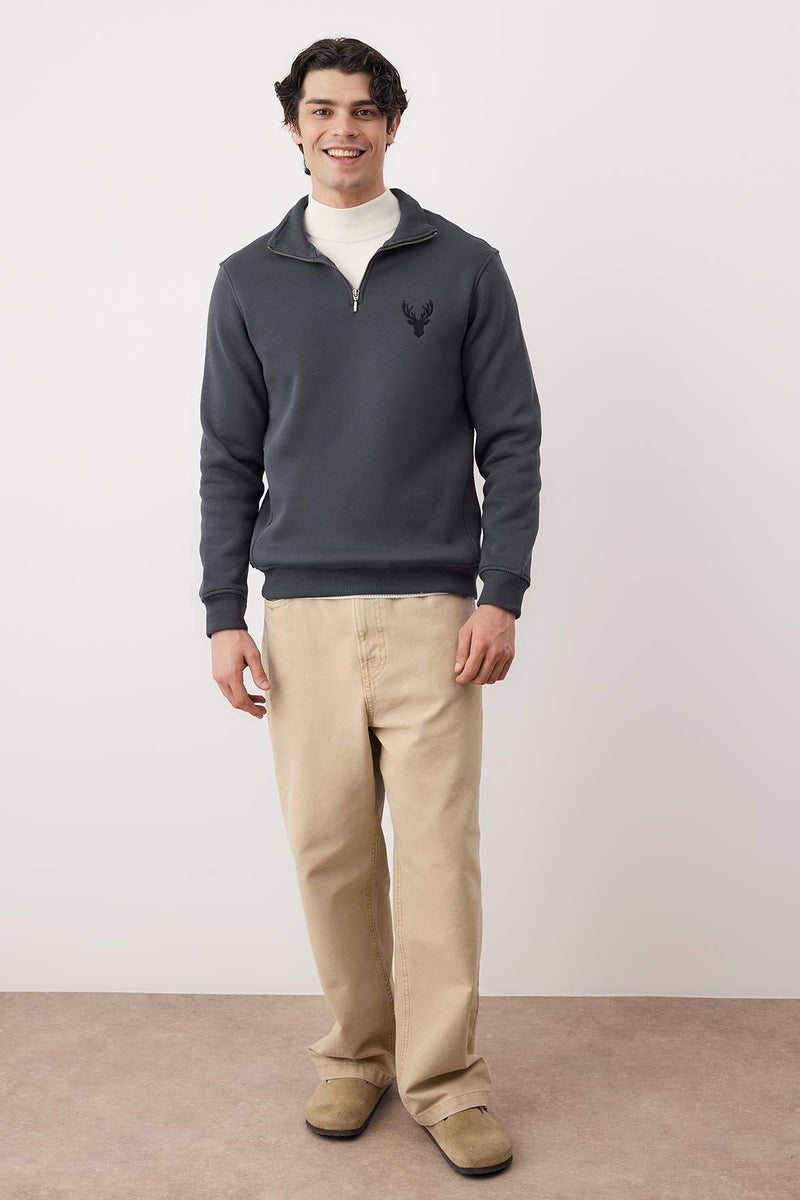 trendyol Anthracite Regular/Normal Cut Stand Collar Zipper Cotton Deer Embroidery Sweatshirt Tmnaw24Sw00041 - Image 2
