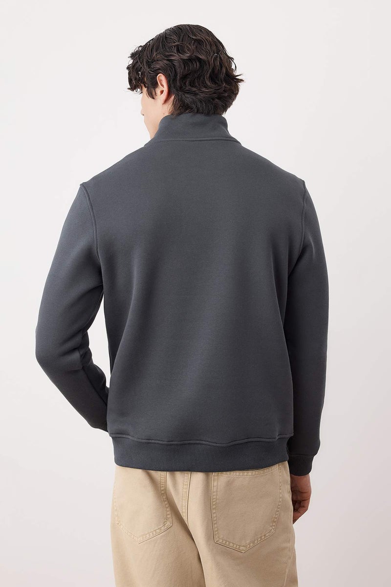 trendyol Anthracite Regular/Normal Cut Stand Collar Zipper Cotton Deer Embroidery Sweatshirt Tmnaw24Sw00041 - Image 4