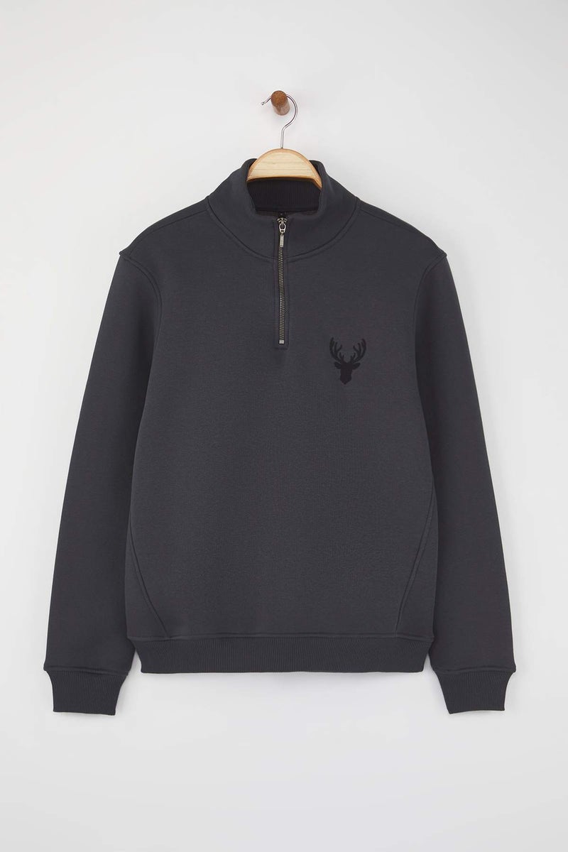 trendyol Anthracite Regular/Normal Cut Stand Collar Zipper Cotton Deer Embroidery Sweatshirt Tmnaw24Sw00041 - Image 5