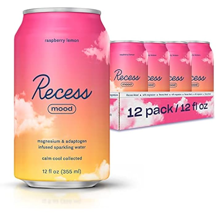Recess Mood Magnesium & Adaptogen Drink, Calming Relaxation Beverage, 12 Ounce (Raspberry Lemon, 12 Pack) - Image 1