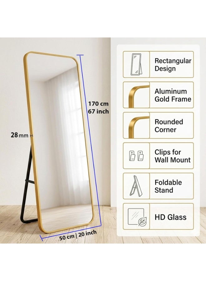 Decorhills Full Length Mirror, Gold Aluminium Frame, Rectangular, Standing Mirror with Foldable Stand, Wall Mount Mirror, for Bedroom, Living Room, Dressing Room, Hallway (Gold, 170x50CM) - Image 4