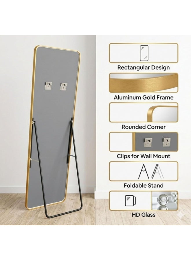 Decorhills Full Length Mirror, Gold Aluminium Frame, Rectangular, Standing Mirror with Foldable Stand, Wall Mount Mirror, for Bedroom, Living Room, Dressing Room, Hallway (Gold, 170x50CM) - Image 5