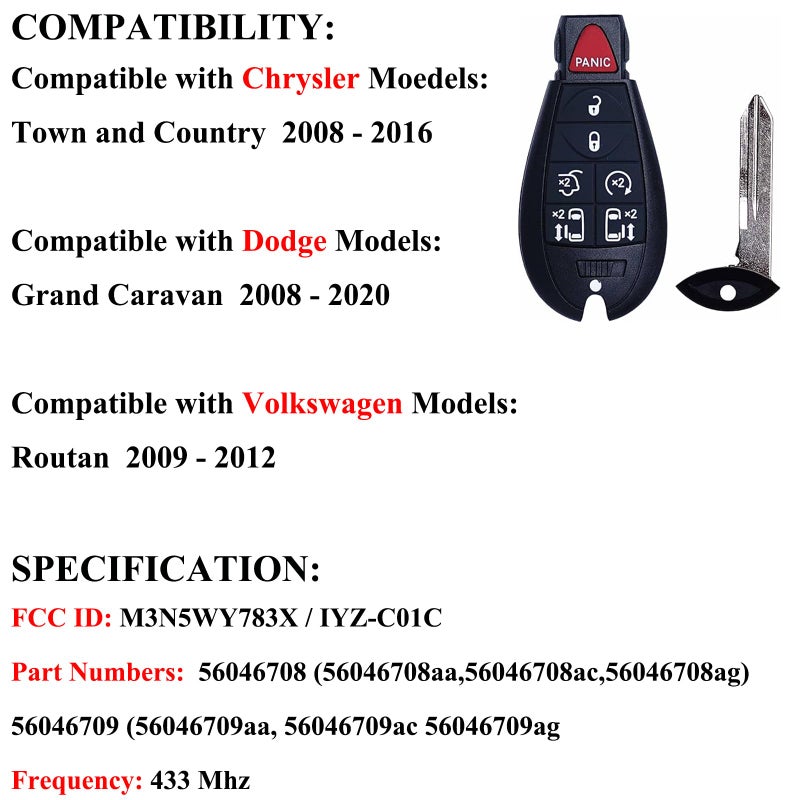 MechanMagic Key Fob Replacement Compatible for Chrysler Town and Country Dodge Grand Caravan 2008-2020 Car Keyless Entry Remote Control M3N5WY783X IYZ-C01C - Image 3