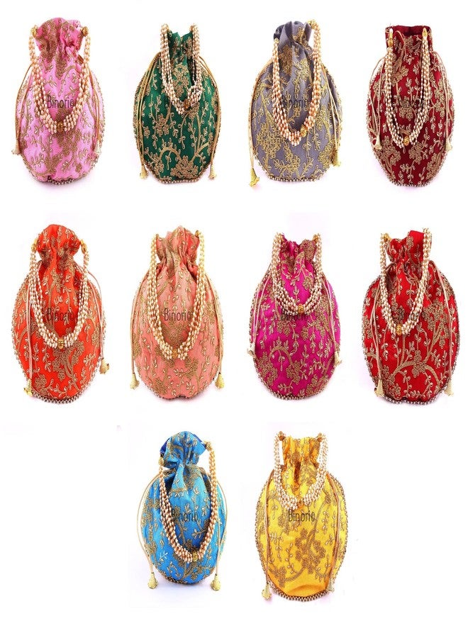 BINORI FASHIONS Rajasthani Style Royal Clutch Silk Batwa Bag Combo Wristlets Ethnic Potli Combo For Women's Zari Work Potli Combo Bridal Potli Combo (Pack of 10 Colors) - Image 1