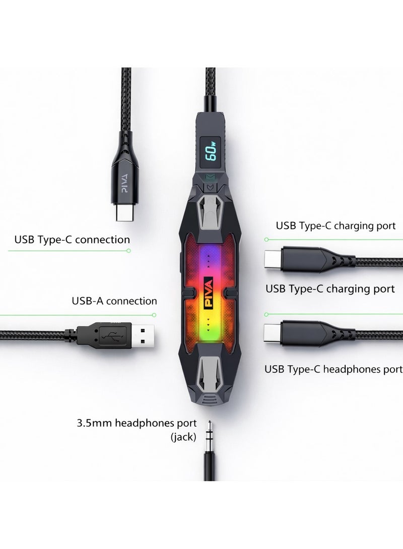 PIVA X41 4-in-1 Gaming Hub USB-C Type-C External Gaming Sound Card Dongle, USB Hub with 3.5mm Audio, RGB Lighting, 60W Fast Charging, 480Mbps Data Transfer – Compatible with RedMagic, iPad, iPhone, Laptops, Mobile Phones & Gaming Devices - Image 2
