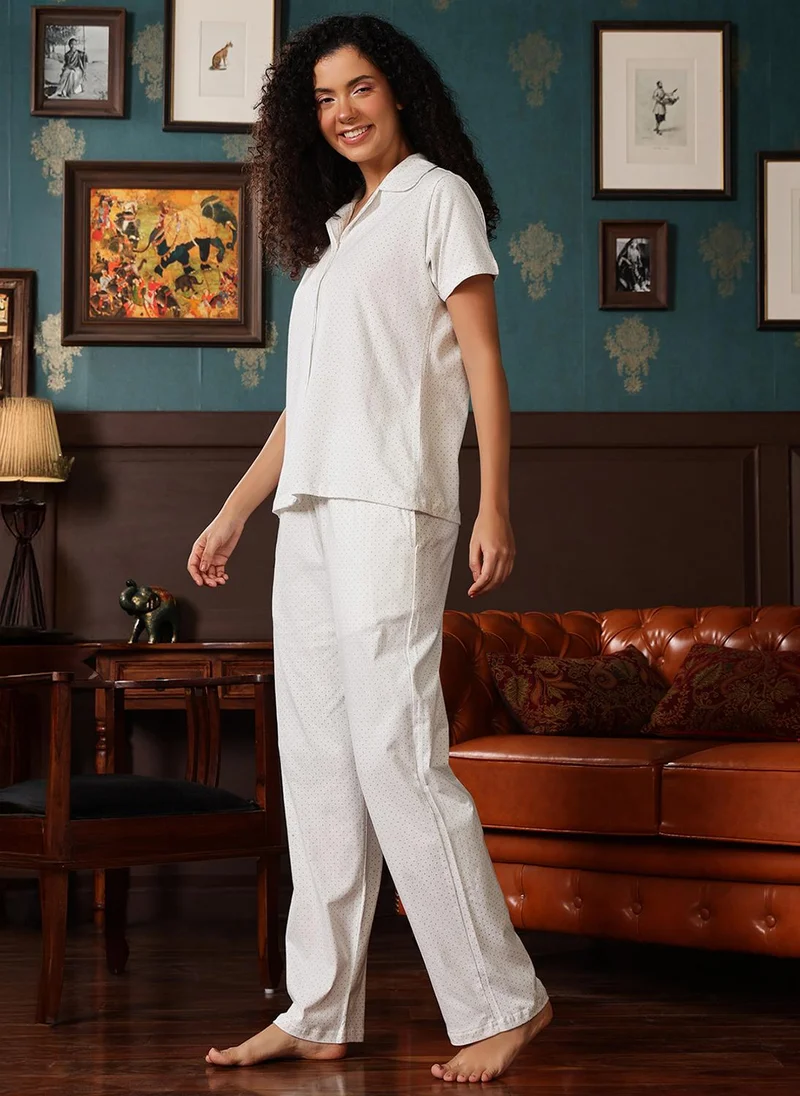 Clovia White Clovia Polka-Print Button-Down Shirt & Pyjama Set in White - 100% Cotton for Women | Best Price UAE