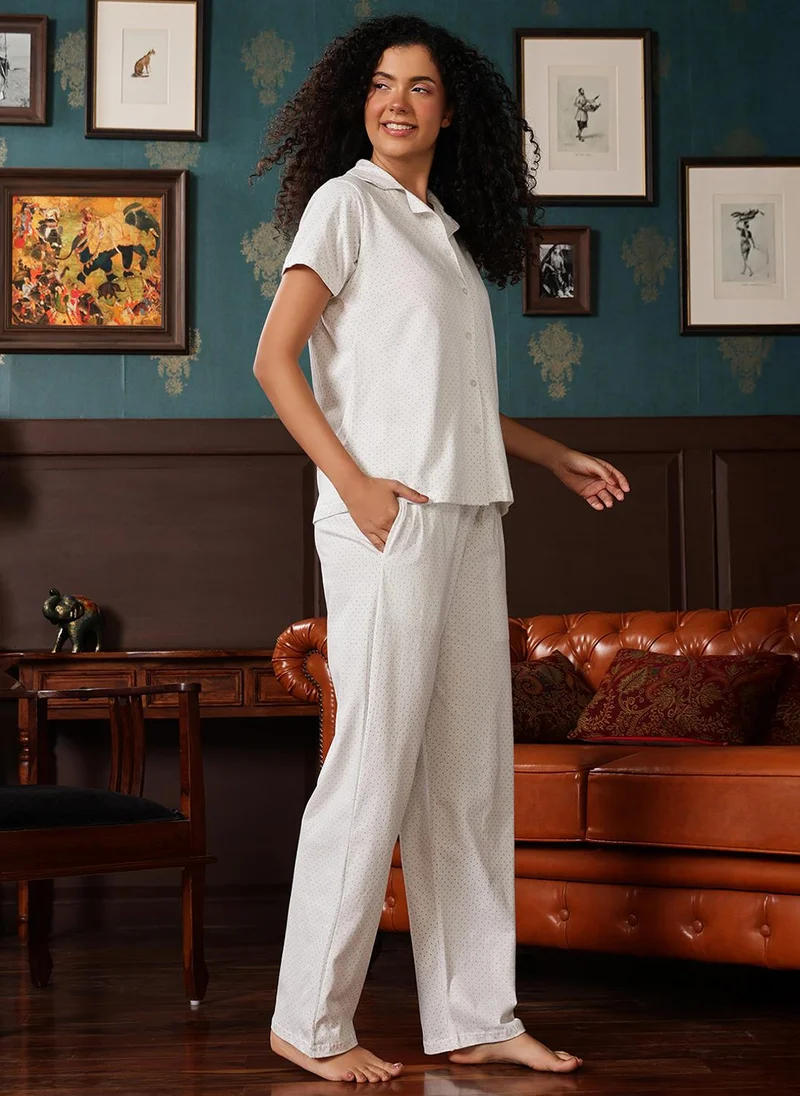 Clovia White Clovia Polka-Print Button-Down Shirt & Pyjama Set in White - 100% Cotton for Women | Best Price UAE