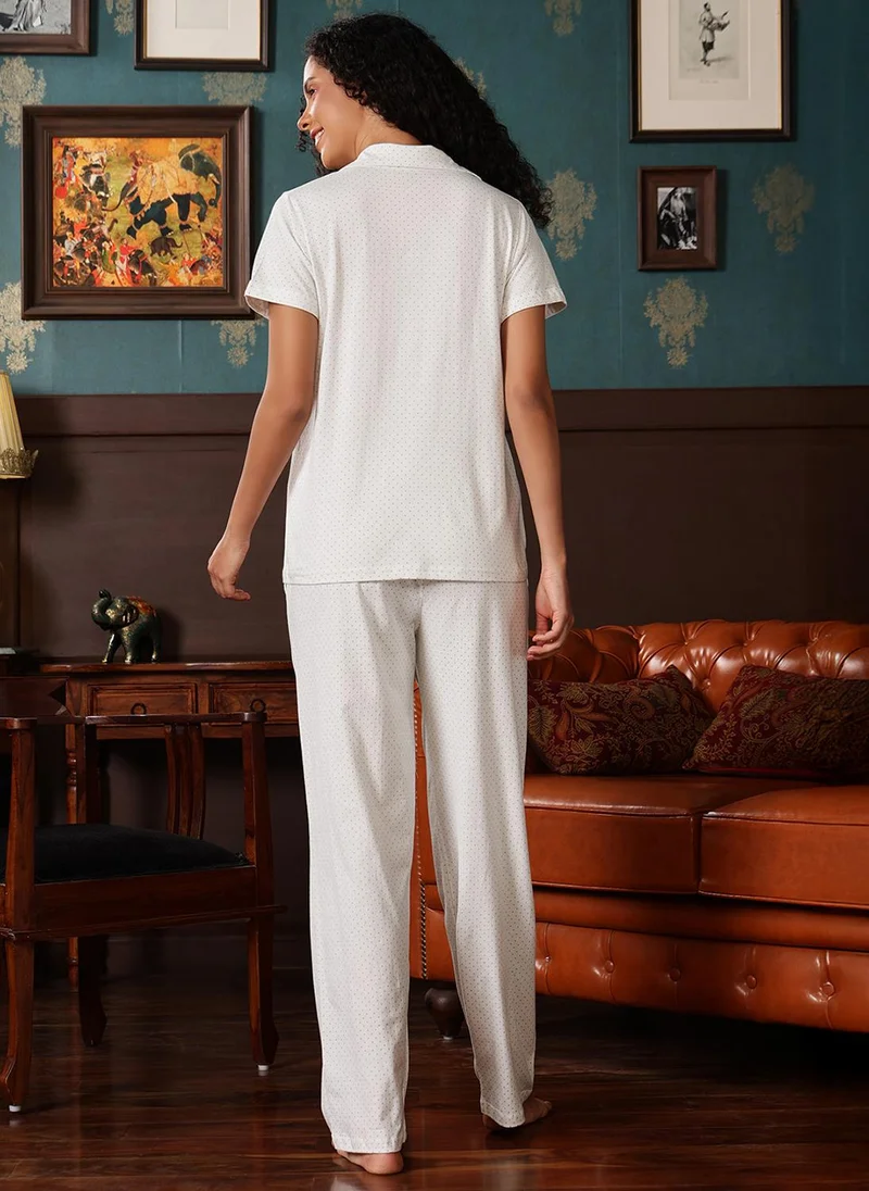 Clovia White Clovia Polka-Print Button-Down Shirt & Pyjama Set in White - 100% Cotton for Women | Best Price UAE