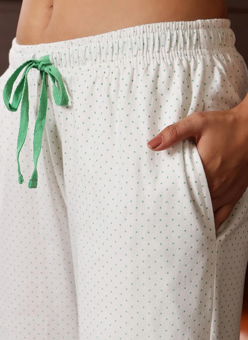 Clovia White Clovia Polka-Print Button-Down Shirt & Pyjama Set in White - 100% Cotton for Women | Best Price UAE