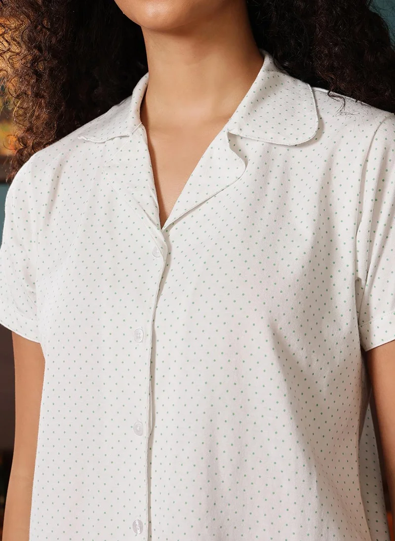 Clovia White Clovia Polka-Print Button-Down Shirt & Pyjama Set in White - 100% Cotton for Women | Best Price UAE