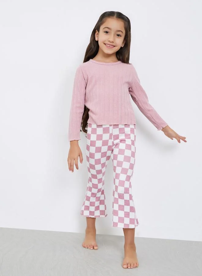 Take Two Take Two Girls Textured T-Shirt and Checked Flared Pants Set