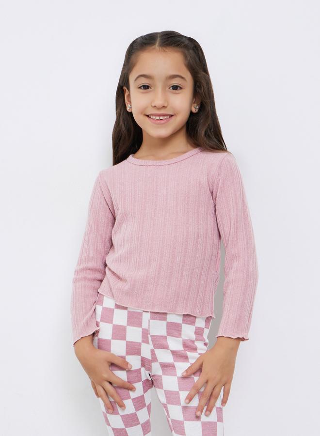 تايك تو طقم بناتي من تي شيرت بنقوش مربعة وبنطلون واسع كاروهات - Image 3