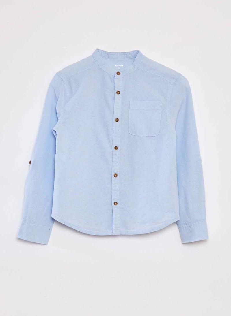 كيابي قميص شامبراي بياقة صينية للأولاد – أزرق