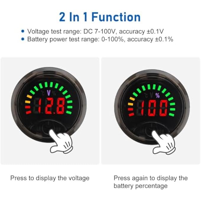 كاست ويف 2 قطعة مقياس جهد السيارة 7100 فولت تيار مستمر مقياس الجهد مراقبة سعة الجهد الفولتميتر 12 فولت مع شاشة سعة البطارية الفولتميتر لوحة مستديرة لعربة الجولف والسيارة والشاحنة والدراجة النارية والقوارب البحرية - Image 4