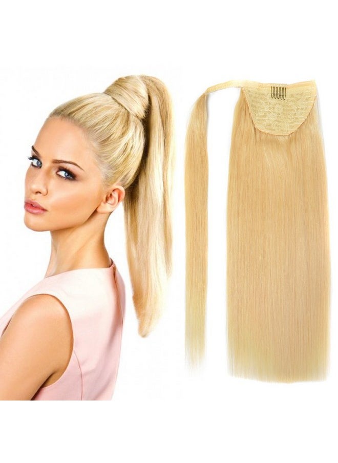 BEAUTY PLUS - 18" Straight Wrap Around Ponytail Human Hair Extensions For Women 100Gram Bleach Blonde 613 - Image 1