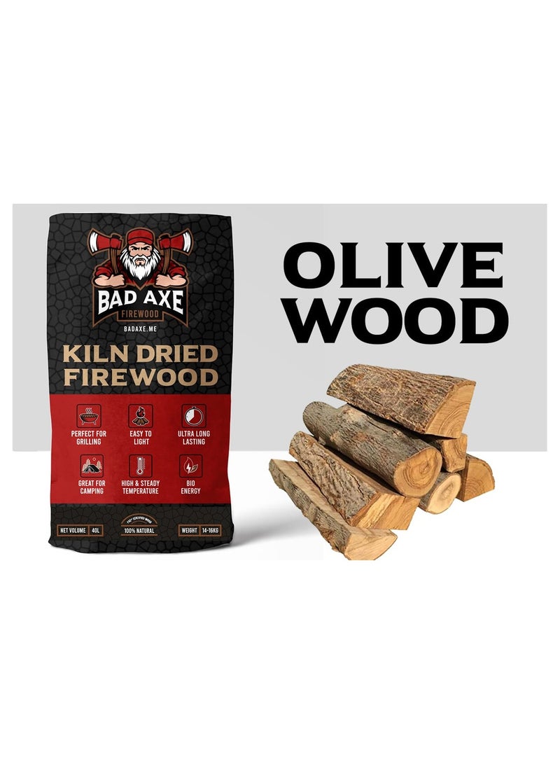 BAD AXE خشب حطب زيتون باد آكس 40 لتر - جذوع بَتولا كبيرة جداً | عضوي وآمن للطعام | يحترق لفترة طويلة | مثالي للشواء، البراي والتخييم | كيس 15 كجم