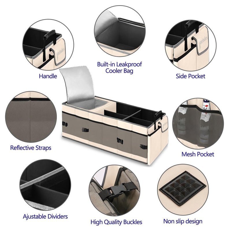 Jorindes Trunk Organizer with Built-in Insulated Leak Proof Cooler Bag,Collapsible Cargo Organizer for SUV with Non Slip Bottom Strips,3 Large Compartments Foldable Waterproof Portable Car Storage Box - Image 4