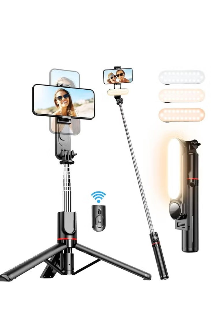 XiuWoo Selfie Stick Tripod, Extendable Tripod with Rechargeable Bluetooth Remote,Removable fill light， Compatible with iPhone and Android Smartphones, Perfect for Travel, Vlog, Video and Photo, Black - Image 1