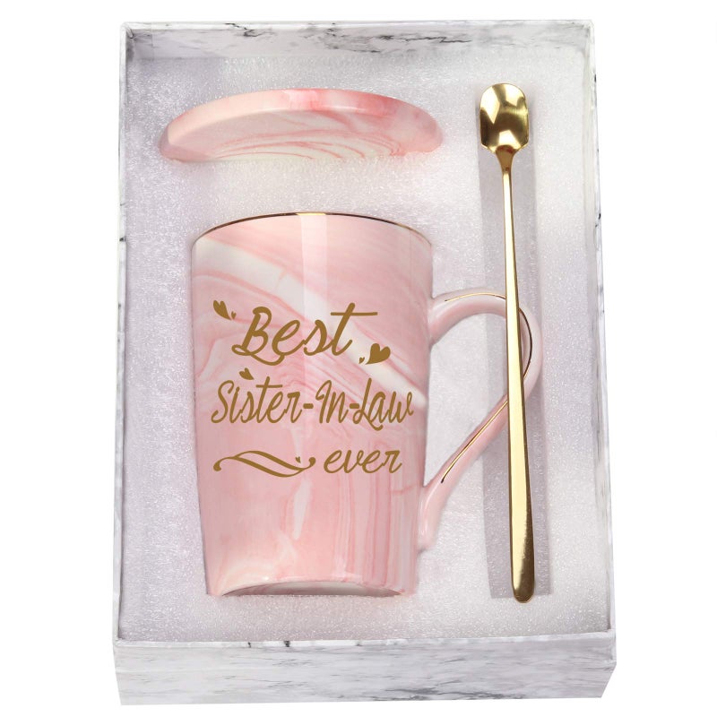 Best Sister In Law Ever Mug  Gifts from Sister or Brother In Law  14 Ounce Pink With Gift Box Spoon Coaster
