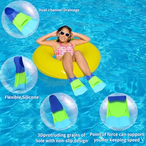 Fanwill Kids Swim Fins,Short Comfortable Flippers for Lap Swimming and Training for Child,Girls,Boys,Beginners Blue/Green/SkyBlue(L) - Image 3