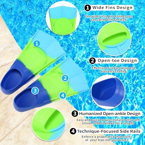 Fanwill Kids Swim Fins,Short Comfortable Flippers for Lap Swimming and Training for Child,Girls,Boys,Beginners Blue/Green/SkyBlue(L) - Image 2
