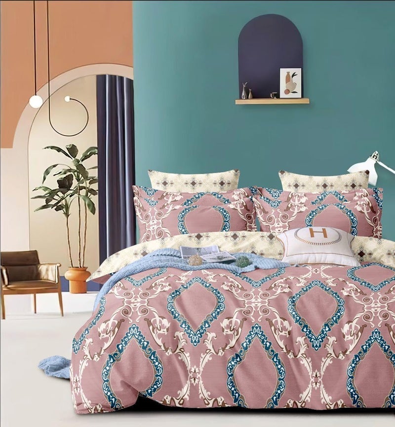 PWI Cotton Feel Elastic Fitted Glace Printed King Size Double Bedsheet with 2 Large Pillow Covers, Inches, 72x78x10 -Brandy Rose - Image 1