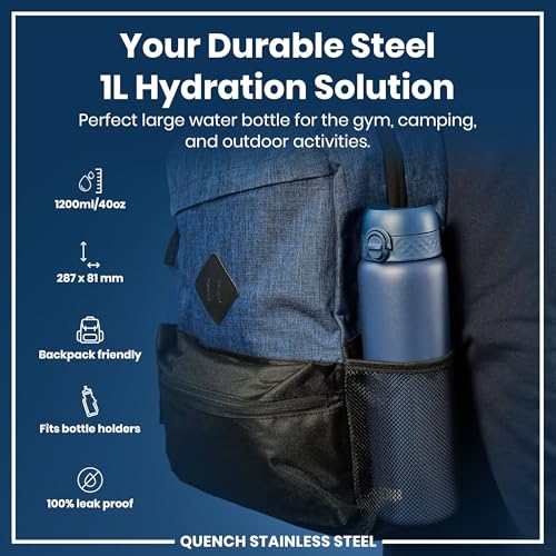 Ion8 1 Litre Stainless Steel Water Bottle, Leak Proof, Easy to Open, Secure Lock, Dishwasher Safe, Carry Handle, Flip Cover, Easy Clean, Durable, Scratch Resistant, 1200 ml/40 oz, Ash Navy Blue - Image 2