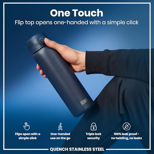 Ion8 1 Litre Stainless Steel Water Bottle, Leak Proof, Easy to Open, Secure Lock, Dishwasher Safe, Carry Handle, Flip Cover, Easy Clean, Durable, Scratch Resistant, 1200 ml/40 oz, Ash Navy Blue - Image 3