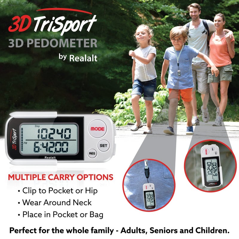 Realalt 3DTriSport Walking 3D Pedometer with Clip and Strap, Free eBook | 30 Days Memory, Accurate Step Counter, Walking Distance Miles/Km, Calorie Counter (White, 3" L x 1.3" W x 0.4" H) - Image 5