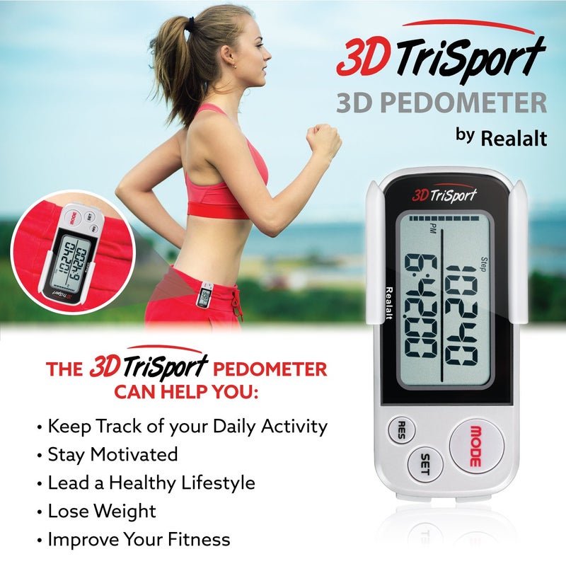 Realalt 3DTriSport Walking 3D Pedometer with Clip and Strap, Free eBook | 30 Days Memory, Accurate Step Counter, Walking Distance Miles/Km, Calorie Counter (White, 3" L x 1.3" W x 0.4" H) - Image 3
