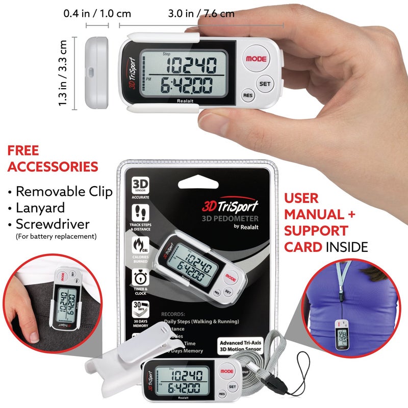 Realalt 3DTriSport Walking 3D Pedometer with Clip and Strap, Free eBook | 30 Days Memory, Accurate Step Counter, Walking Distance Miles/Km, Calorie Counter (White, 3" L x 1.3" W x 0.4" H) - Image 4
