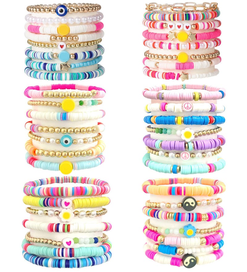 WAINIS 44 Pcs Surfer Heishi Clay Bead Bracelets for Women Bohemian Stackable Beaded Stretch Bracelets Elastic Layering Friendship Bracelets Set Boho Jewelry Cute Bracelets for Concert Beach Vacaiton - Image 1