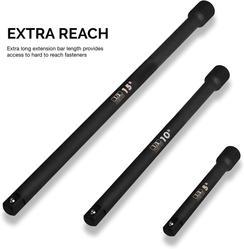 Neiko 00256A 1/2-Inch Drive Impact Extension Bar and Adapter Set, 5-Piece | Includes 5, 10, 15-Inch Extension Bars, Universal Joint, and Reducer - Image 4
