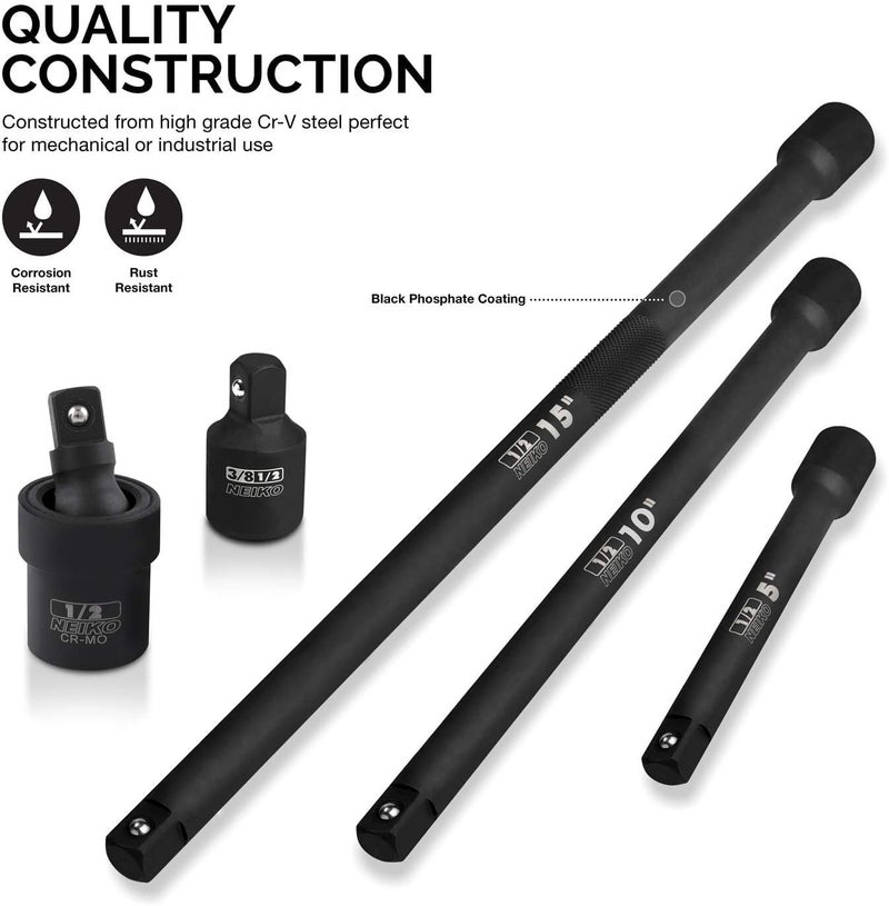 Neiko 00256A 1/2-Inch Drive Impact Extension Bar and Adapter Set, 5-Piece | Includes 5, 10, 15-Inch Extension Bars, Universal Joint, and Reducer - Image 2