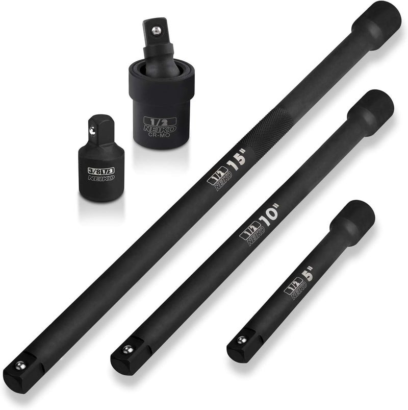 Neiko 00256A 1/2-Inch Drive Impact Extension Bar and Adapter Set, 5-Piece | Includes 5, 10, 15-Inch Extension Bars, Universal Joint, and Reducer - Image 1
