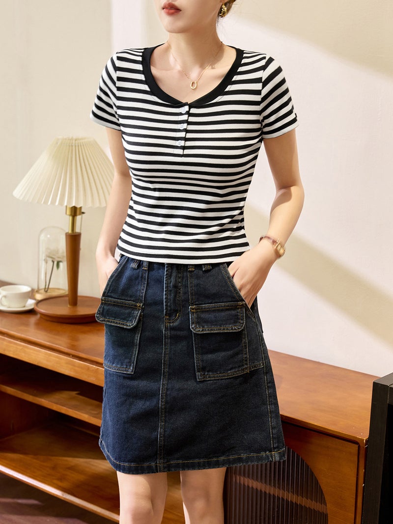 # Double Button Collar 260G Stripe# Cotton T-Shirt Women'S Short Sleeve 2025 Shoulder Top Base Shirt - Image 4
