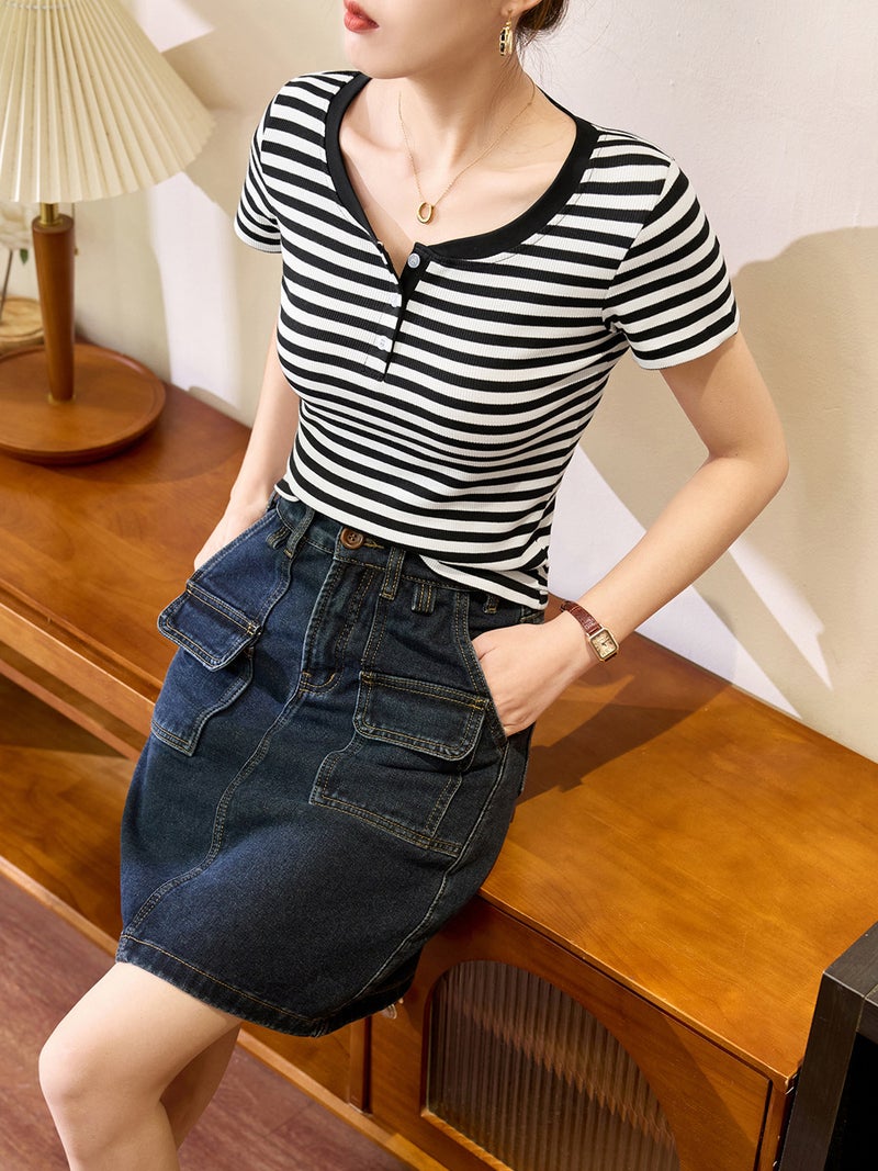 # Double Button Collar 260G Stripe# Cotton T-Shirt Women'S Short Sleeve 2025 Shoulder Top Base Shirt - Image 2